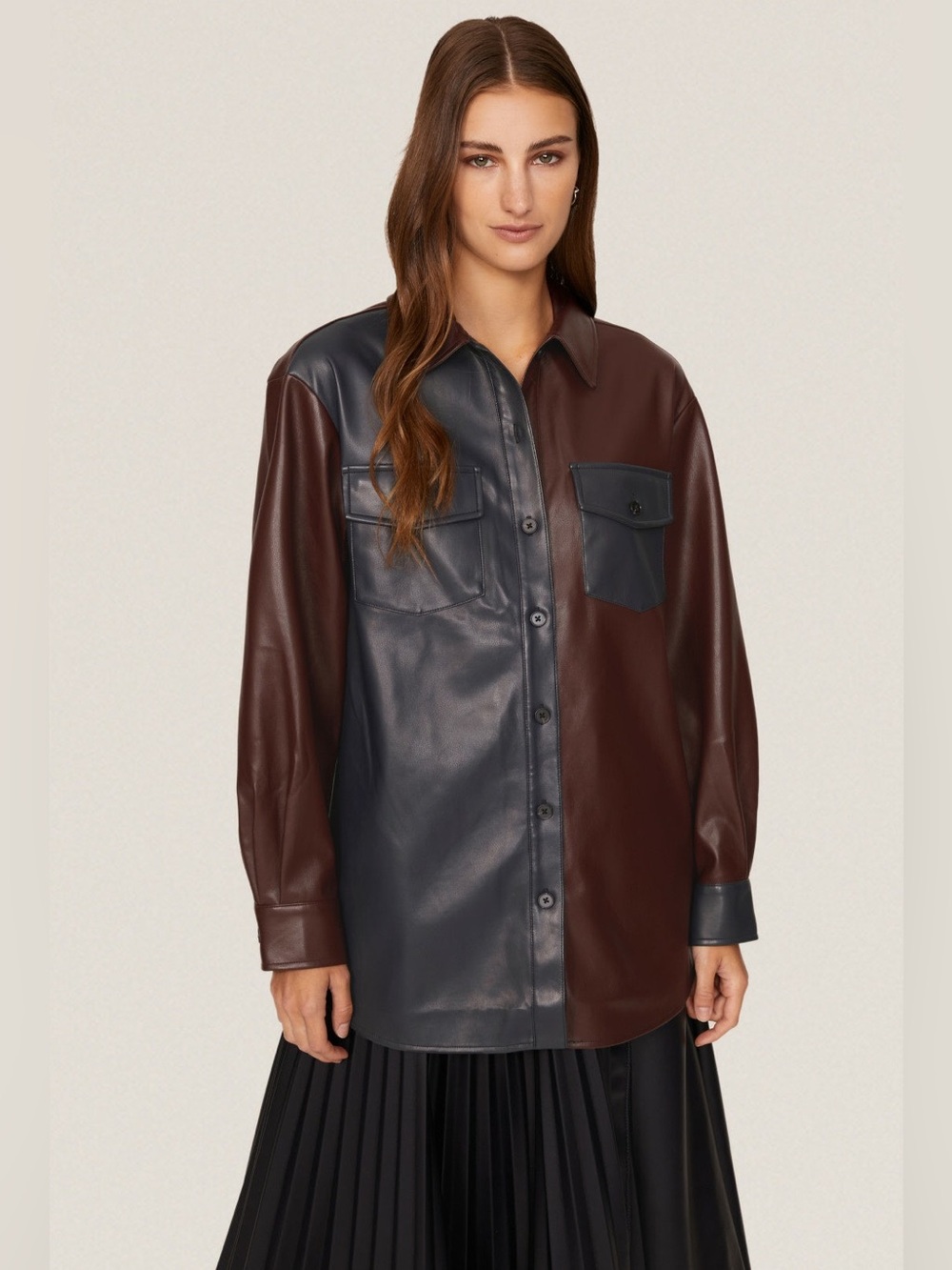 Colorblock Faux Leather Shirt Jacket in Dark Brown and Charcoal